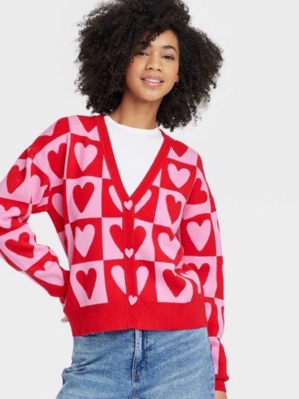 Target Red and Pink Heart-Print V-Neck Cardigan